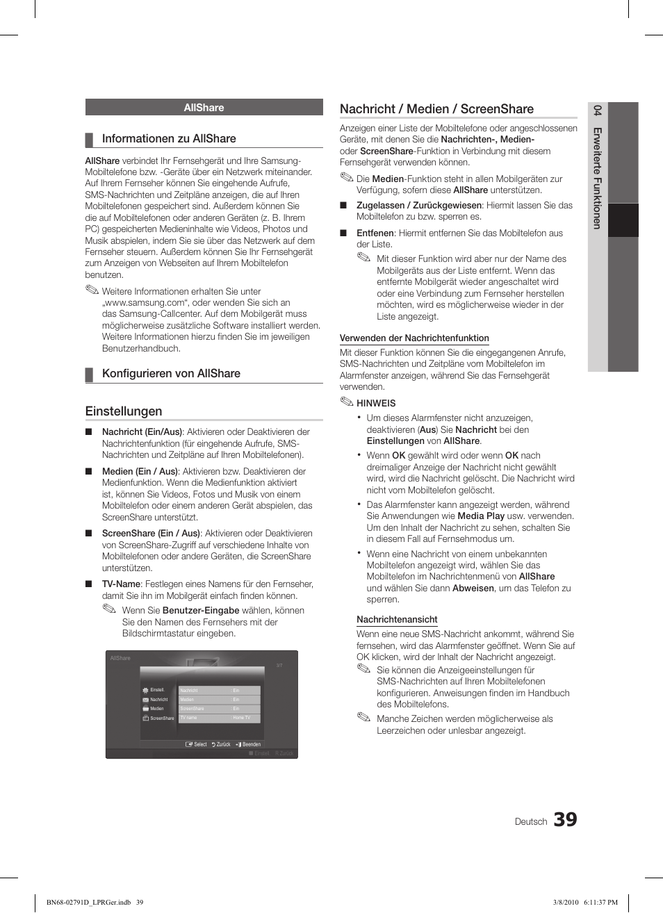 Einstellungen, Nachricht / medien / screenshare | Samsung LE46C570J1S User Manual | Page 137 / 197