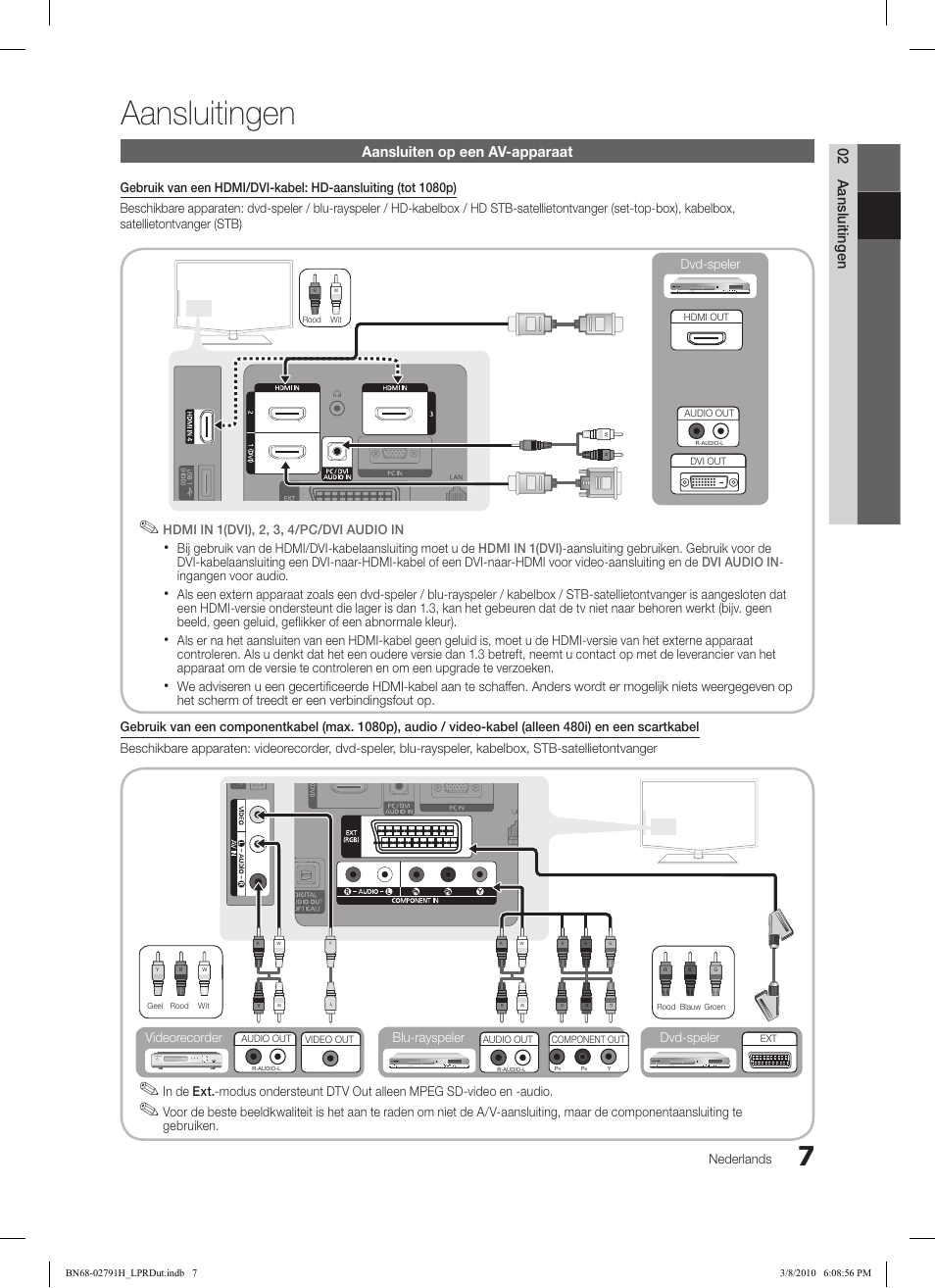 Aansluitingen, 02 aansluitingen aansluiten op een av-apparaat, Nederlands | Dvd-speler, Hdmi in 1(dvi), 2, 3, 4/pc/dvi audio in, Gebruiken, Blu-rayspeler dvd-speler videorecorder | Samsung LE46C570J1S User Manual | Page 154 / 197