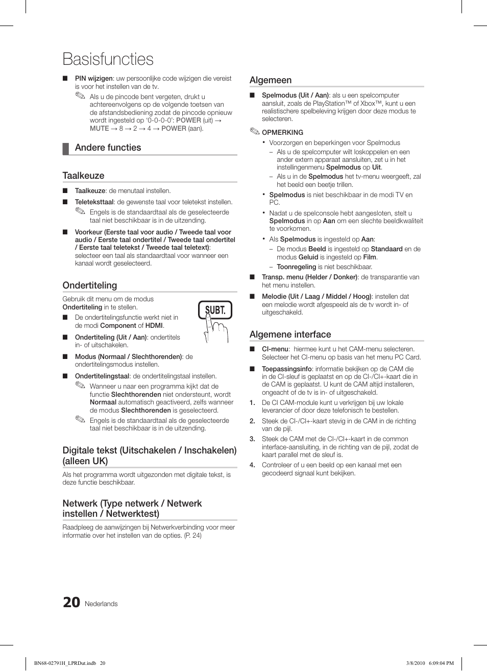 Basisfuncties | Samsung LE46C570J1S User Manual | Page 167 / 197