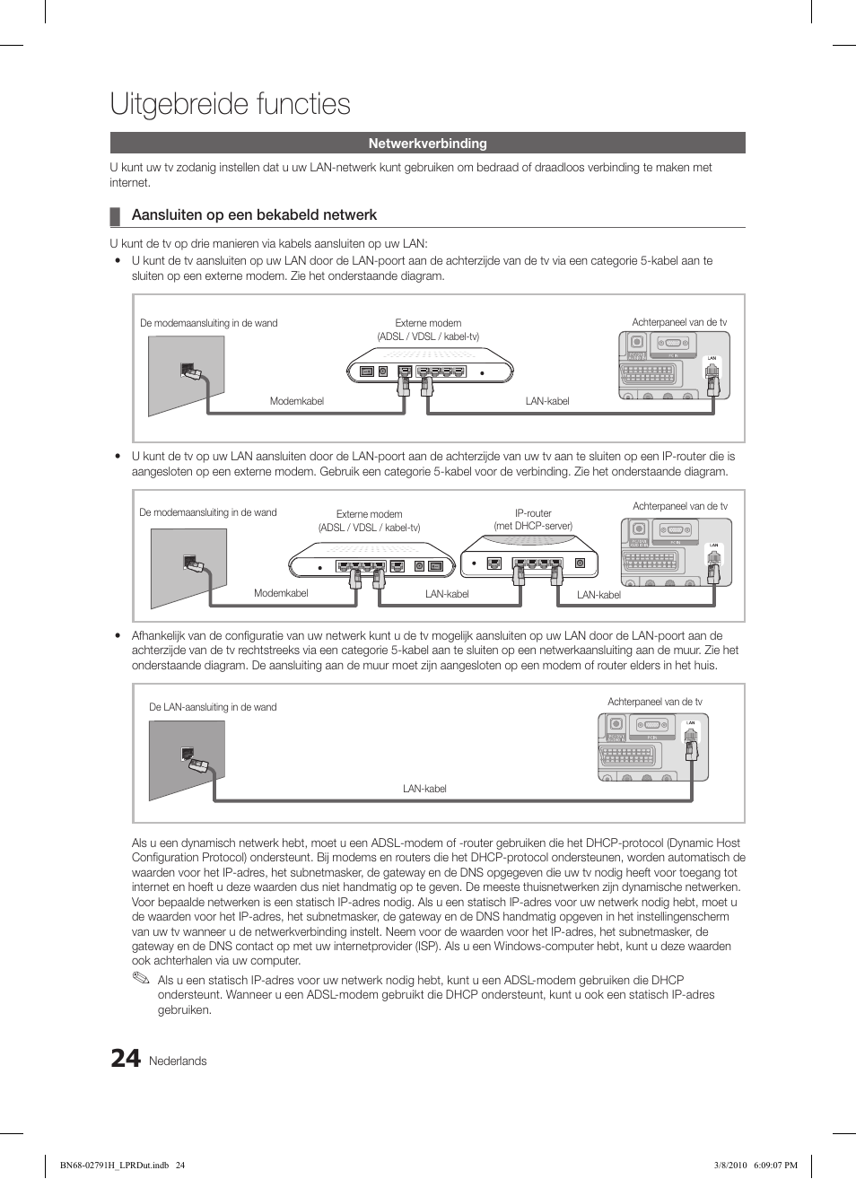 Uitgebreide functies, Aansluiten op een bekabeld netwerk | Samsung LE46C570J1S User Manual | Page 171 / 197