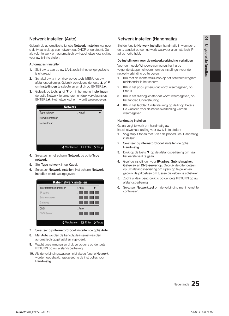 Netwerk instellen (auto), Netwerk instellen (handmatig) | Samsung LE46C570J1S User Manual | Page 172 / 197