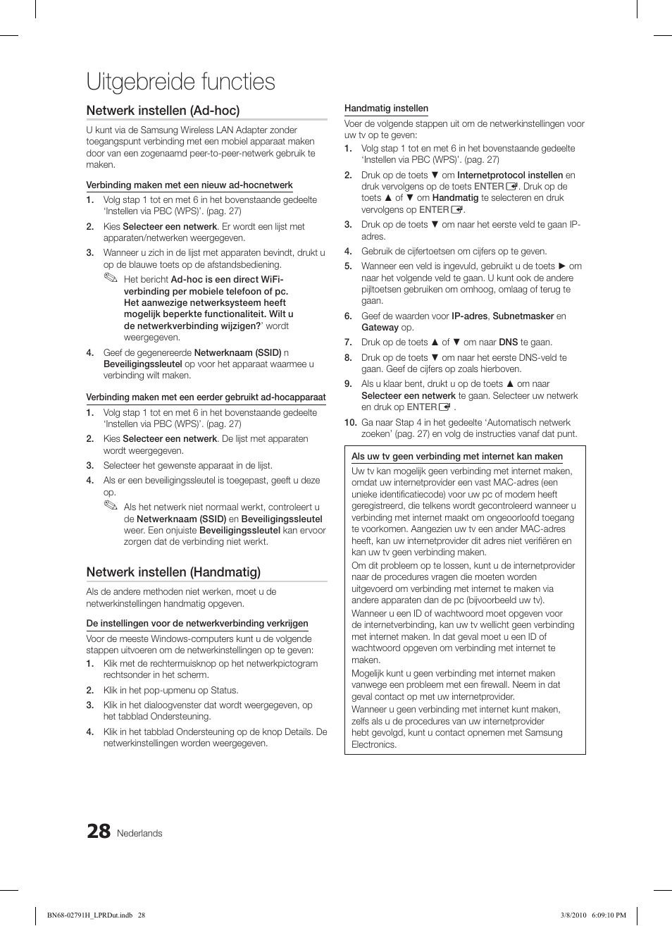 Uitgebreide functies, Netwerk instellen (ad-hoc), Netwerk instellen (handmatig) | Samsung LE46C570J1S User Manual | Page 175 / 197
