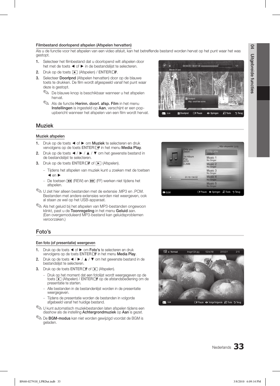 Muziek, Foto’s | Samsung LE46C570J1S User Manual | Page 180 / 197