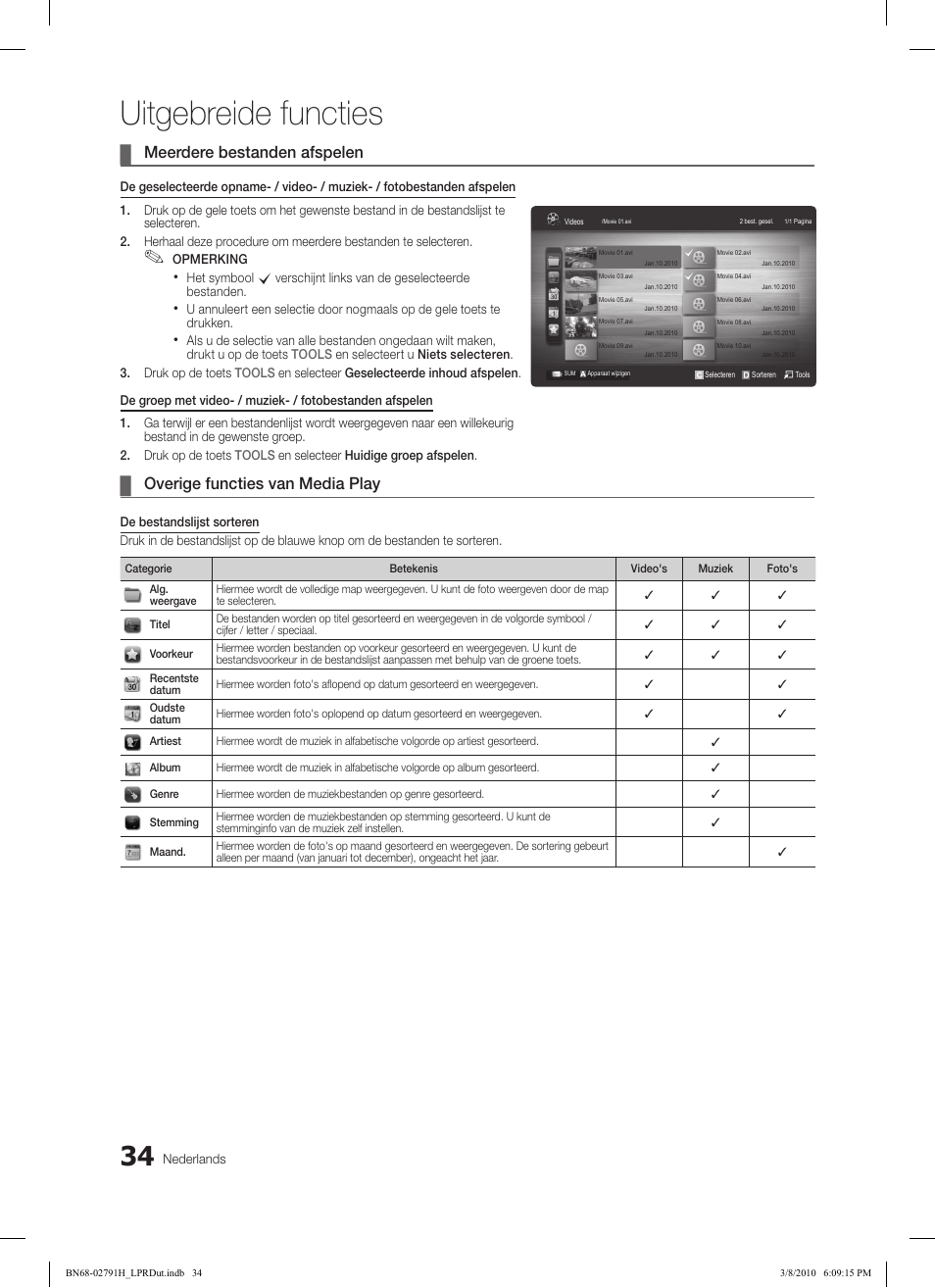 Uitgebreide functies, Meerdere bestanden afspelen, Overige functies van media play | Samsung LE46C570J1S User Manual | Page 181 / 197