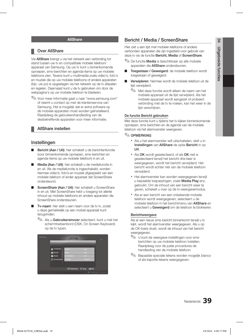 Instellingen, Bericht / media / screenshare | Samsung LE46C570J1S User Manual | Page 186 / 197