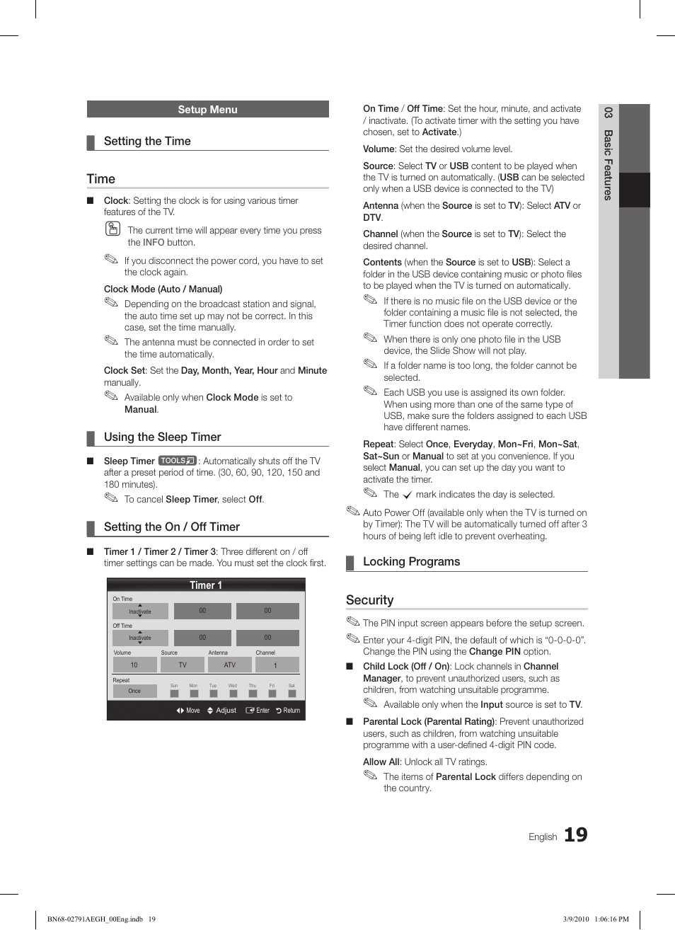 Time, Security | Samsung LE46C570J1S User Manual | Page 19 / 197