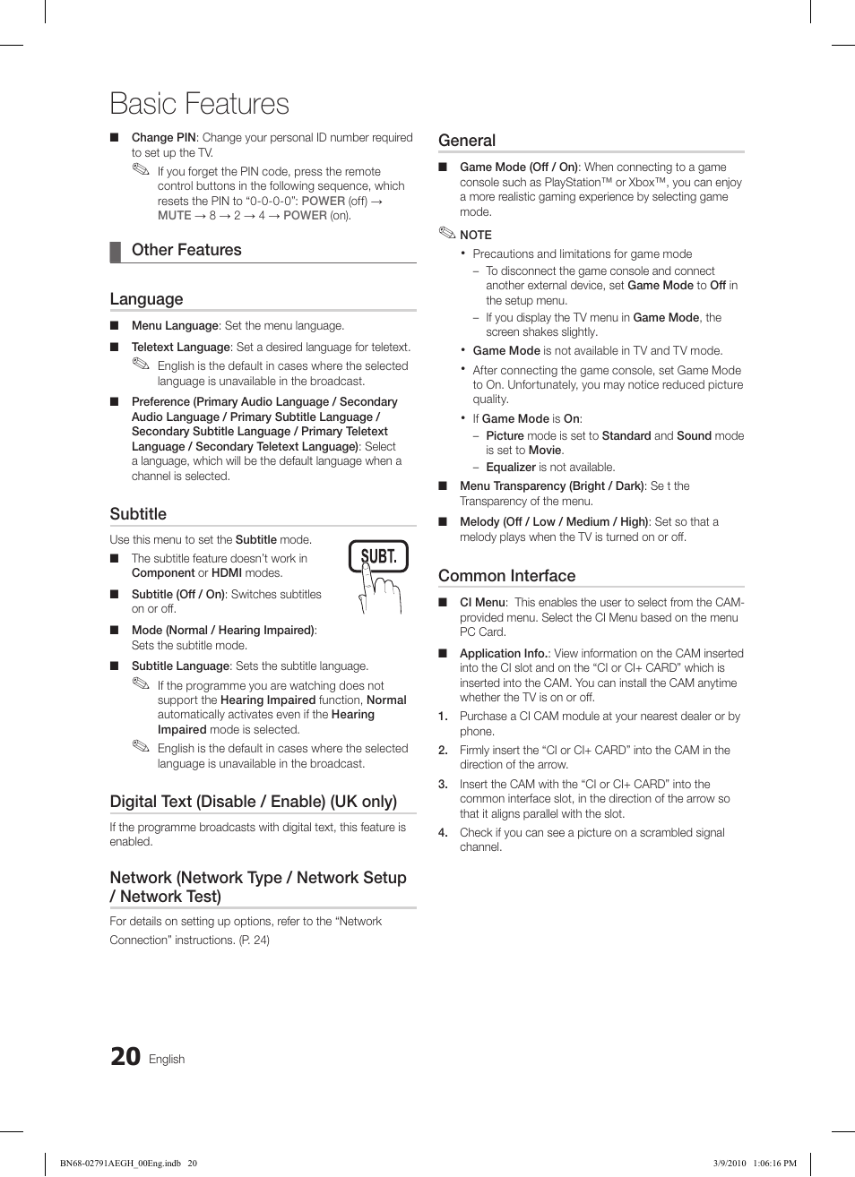 Basic features, Other features ¦ language, Subtitle | Digital text (disable / enable) (uk only), General, Common interface | Samsung LE46C570J1S User Manual | Page 20 / 197