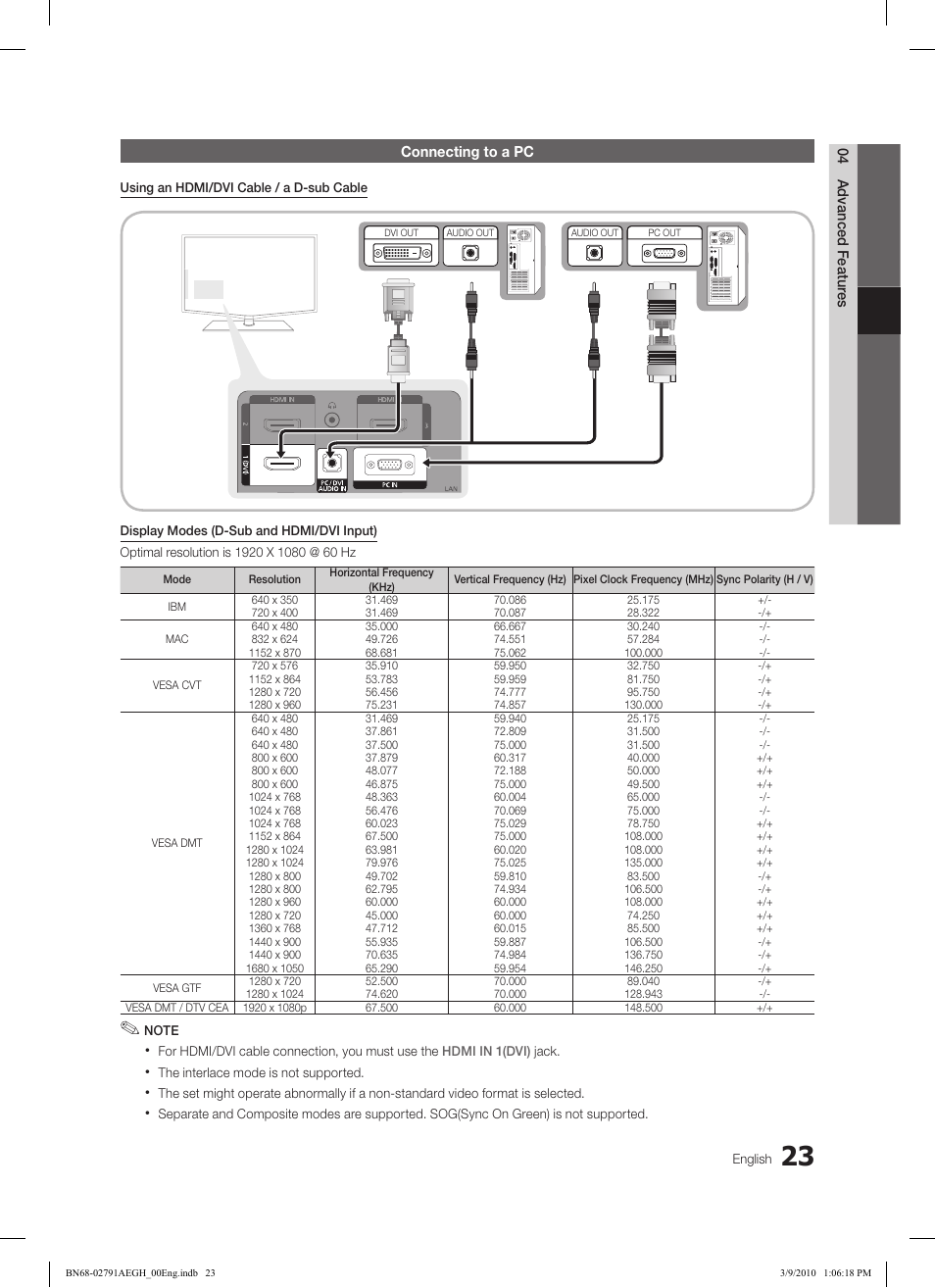 04 advanced featur es, Connecting to a pc | Samsung LE46C570J1S User Manual | Page 23 / 197