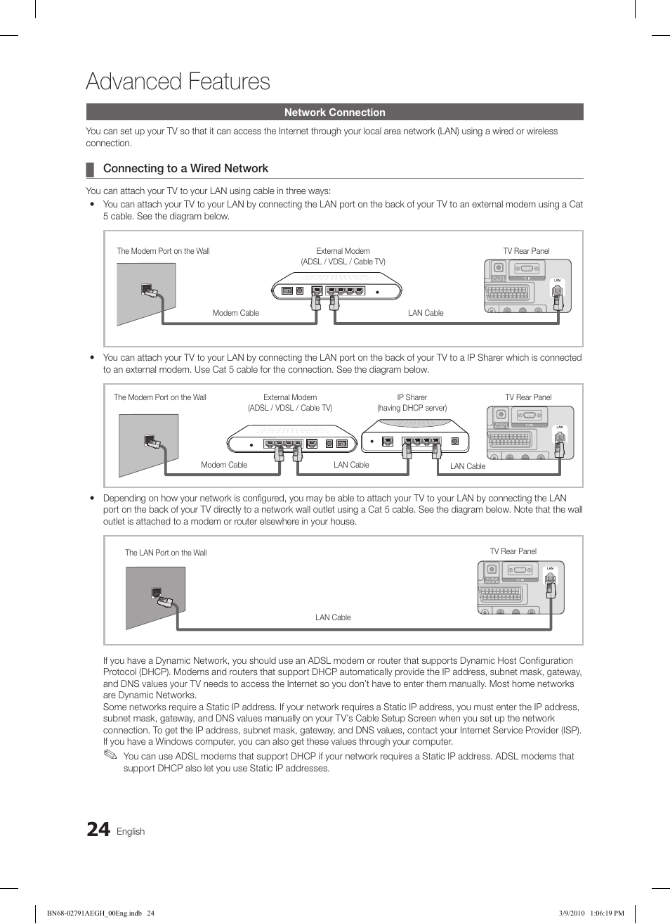 Advanced features, Connecting to a wired network | Samsung LE46C570J1S User Manual | Page 24 / 197