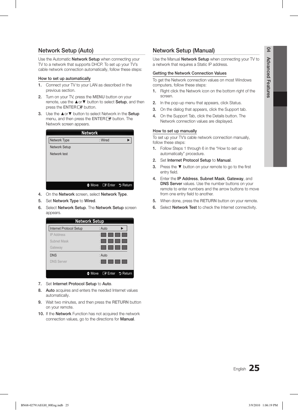 Network setup (auto), Network setup (manual) | Samsung LE46C570J1S User Manual | Page 25 / 197