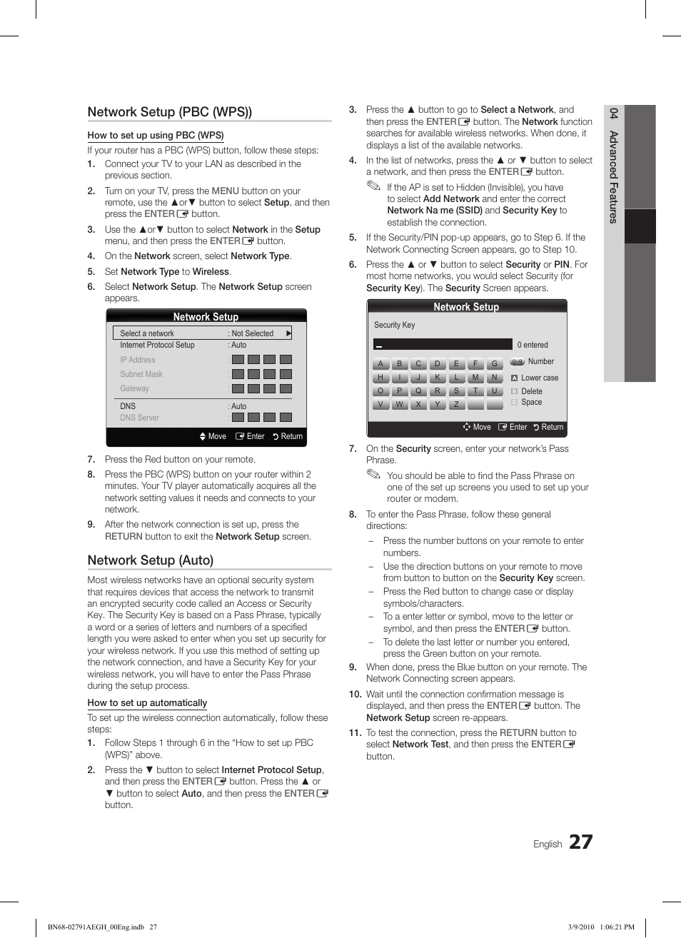 Network setup (pbc (wps)), Network setup (auto) | Samsung LE46C570J1S User Manual | Page 27 / 197