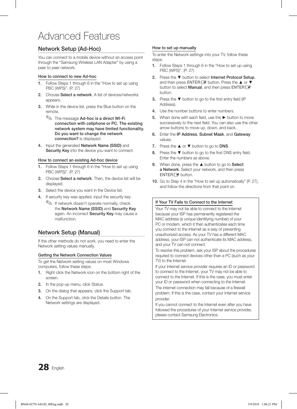 Advanced features, Network setup (ad-hoc), Network setup (manual) | Samsung LE46C570J1S User Manual | Page 28 / 197