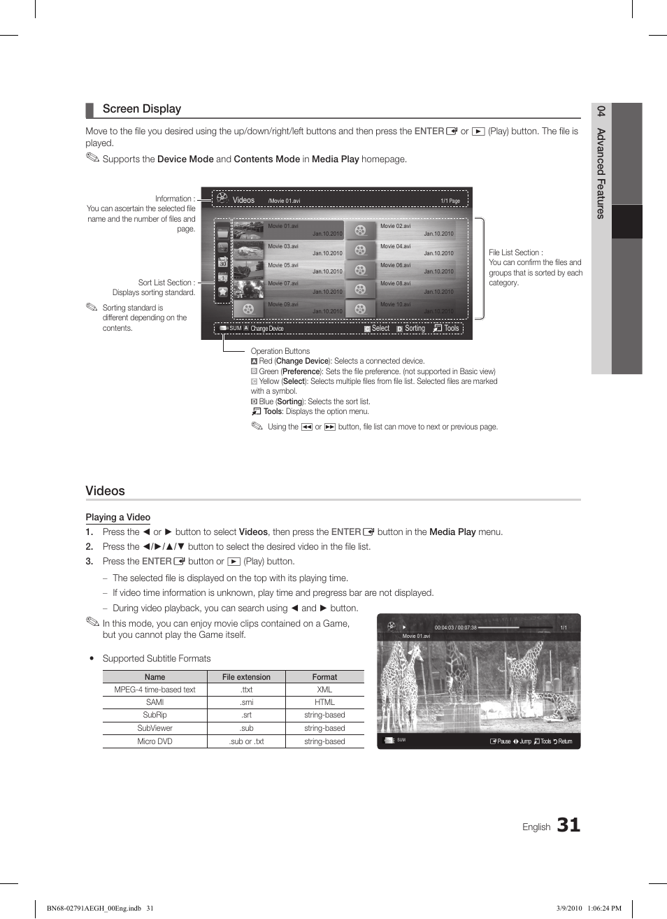 Videos, Screen display | Samsung LE46C570J1S User Manual | Page 31 / 197