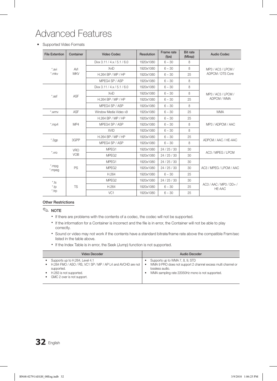 Advanced features | Samsung LE46C570J1S User Manual | Page 32 / 197