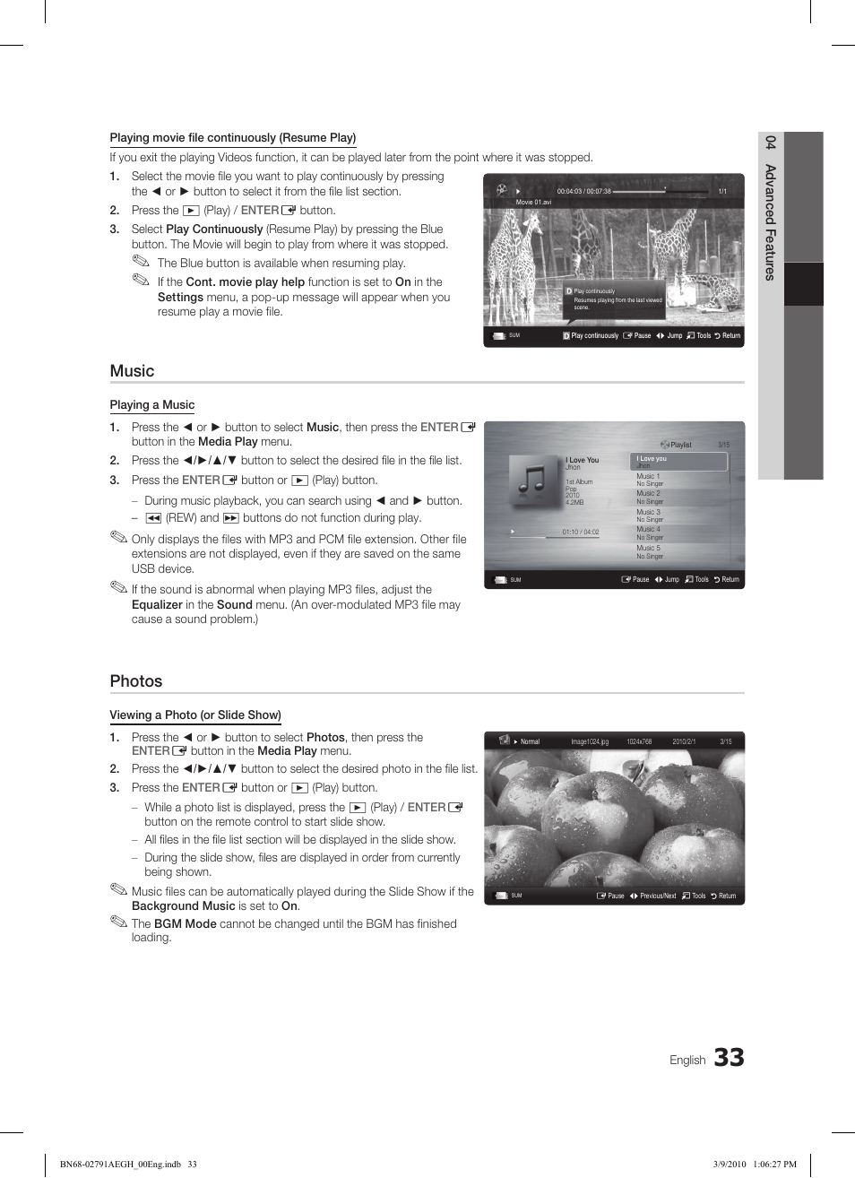 Music, Photos | Samsung LE46C570J1S User Manual | Page 33 / 197