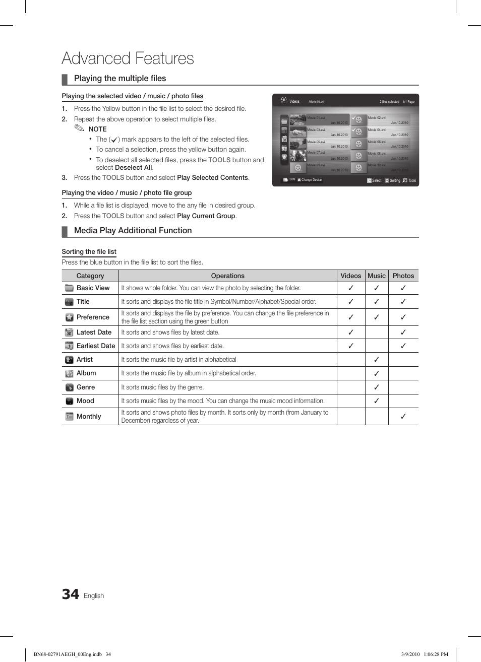 Advanced features, Playing the multiple files, Media play additional function | Samsung LE46C570J1S User Manual | Page 34 / 197