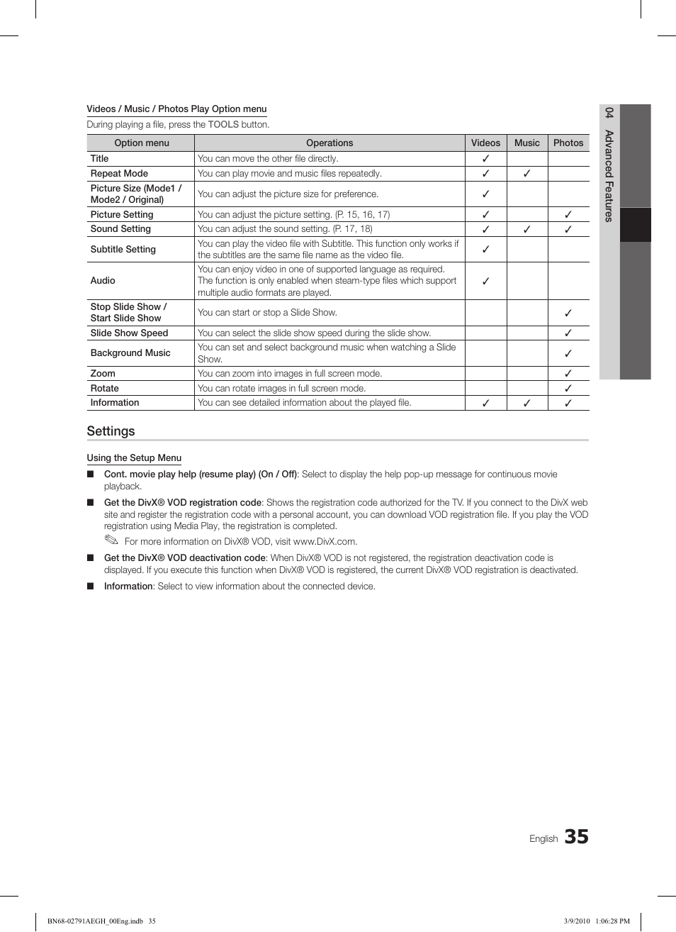 Settings | Samsung LE46C570J1S User Manual | Page 35 / 197