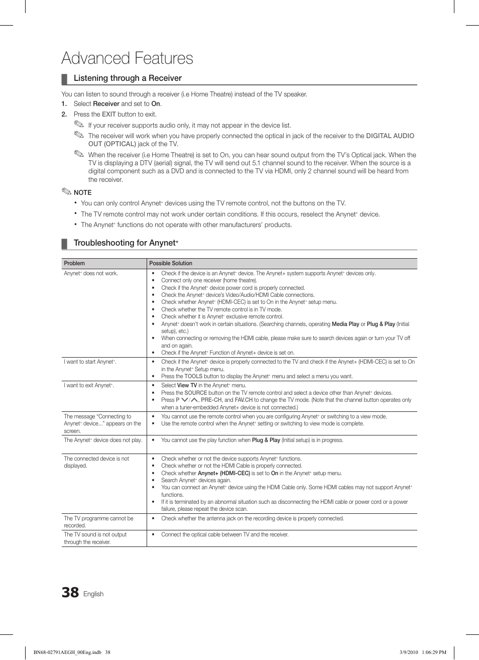 Advanced features, Listening through a receiver, Troubleshooting for anynet | Samsung LE46C570J1S User Manual | Page 38 / 197