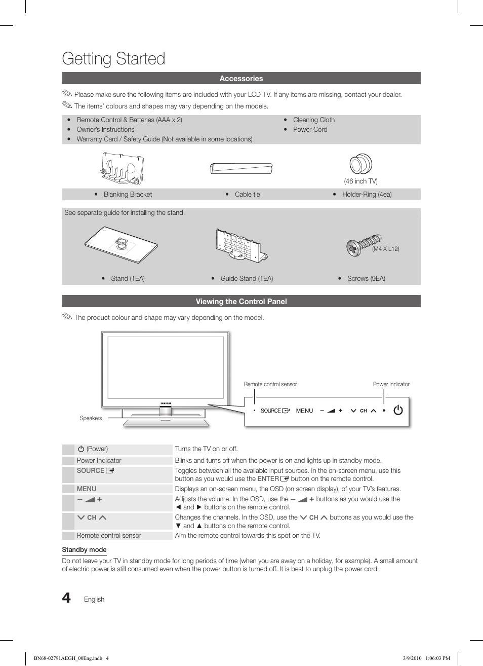 Getting started | Samsung LE46C570J1S User Manual | Page 4 / 197