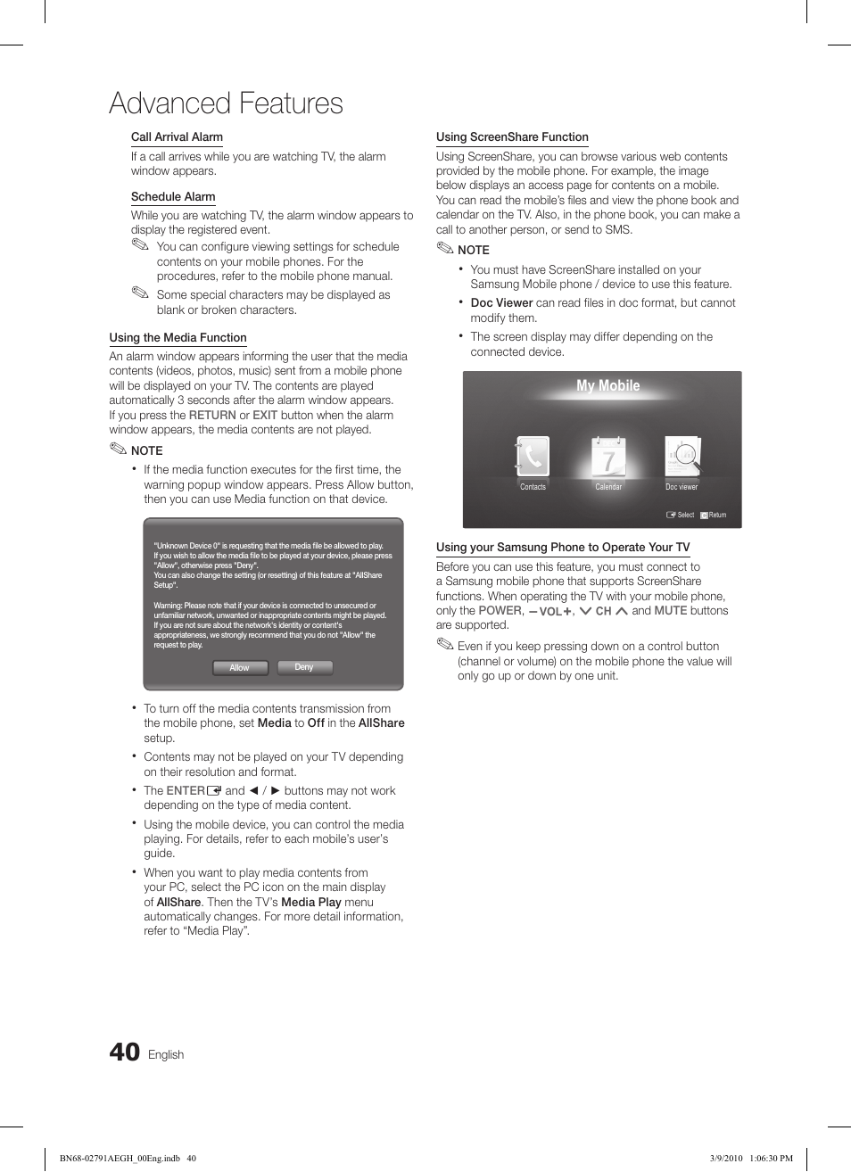 Advanced features | Samsung LE46C570J1S User Manual | Page 40 / 197