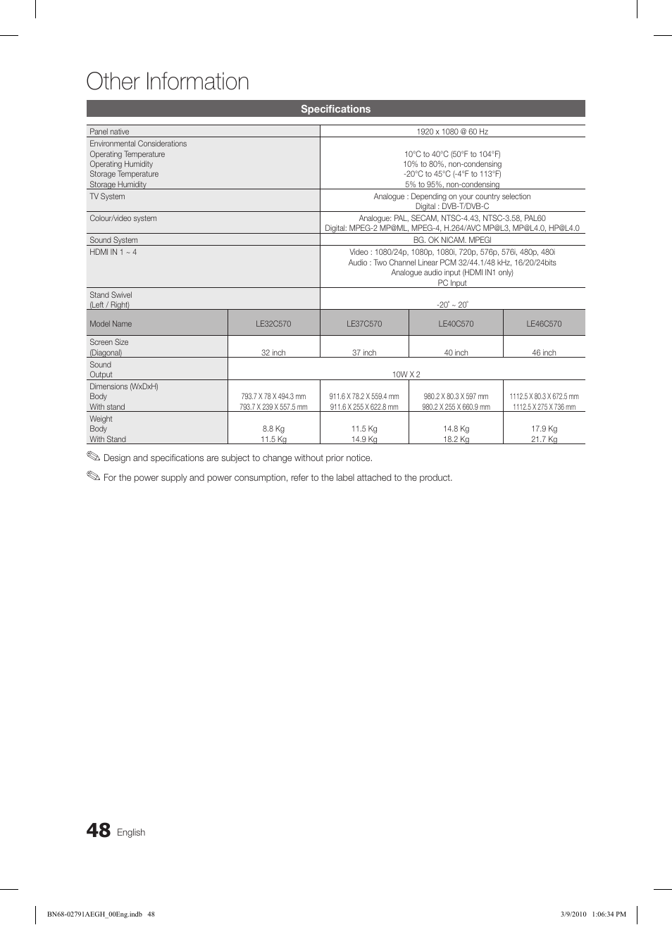 Other information | Samsung LE46C570J1S User Manual | Page 48 / 197