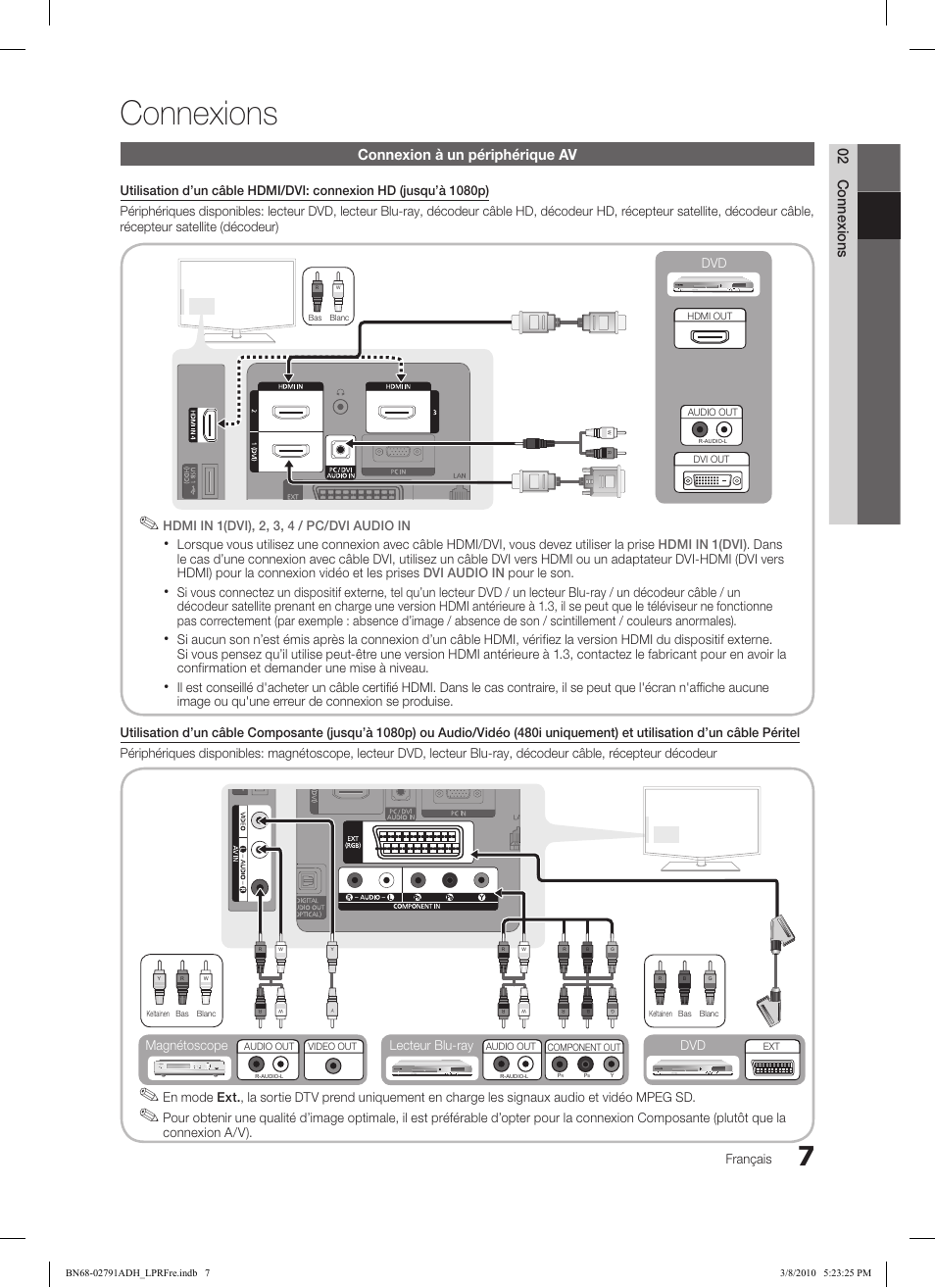 Connexions, 02 connexions, Connexion à un périphérique av | Français, Connexion a/v), Lecteur blu-ray dvd magnétoscope | Samsung LE46C570J1S User Manual | Page 56 / 197