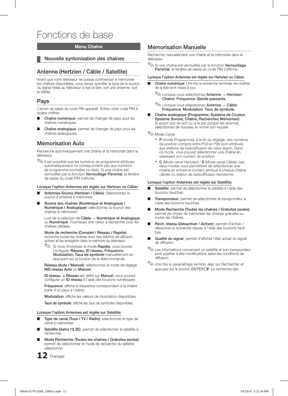 Fonctions de base, Antenne (hertzien / câble / satellite), Pays | Mémorisation auto, Mémorisation manuelle | Samsung LE46C570J1S User Manual | Page 61 / 197