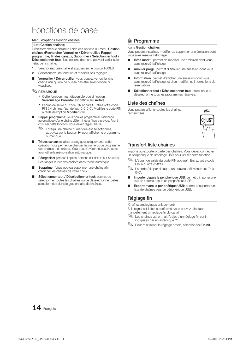 Fonctions de base, Programmé, Liste des chaînes | Transfert liste chaînes, Réglage fin | Samsung LE46C570J1S User Manual | Page 63 / 197