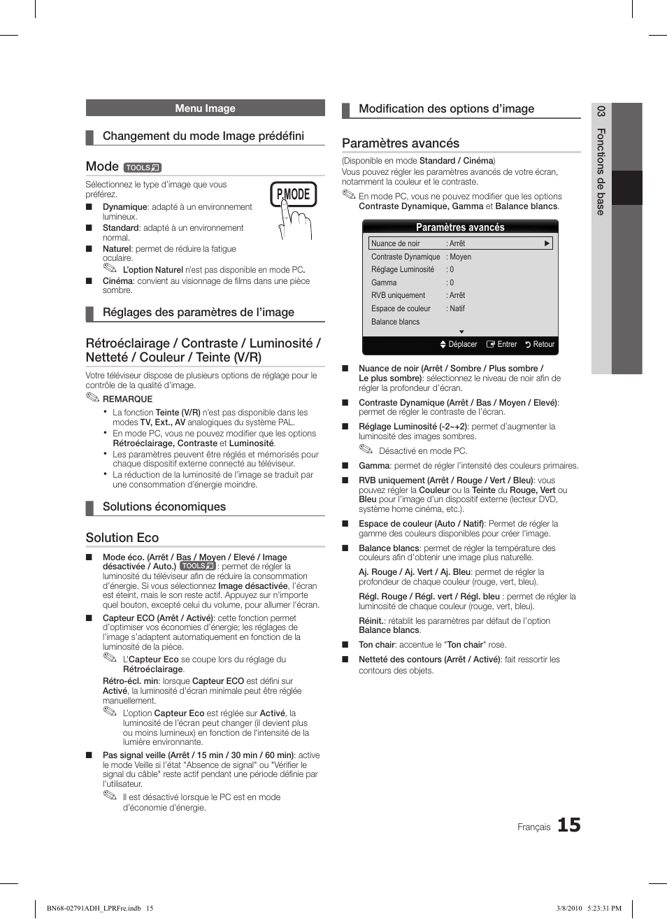 Subt. dual i-ii p.mode s.mode source, Hdmi, Ch list | Mode, Solution eco, Paramètres avancés | Samsung LE46C570J1S User Manual | Page 64 / 197