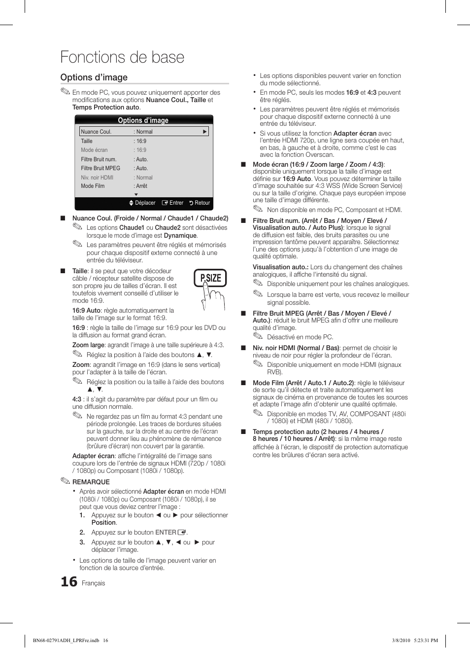 Fonctions de base | Samsung LE46C570J1S User Manual | Page 65 / 197