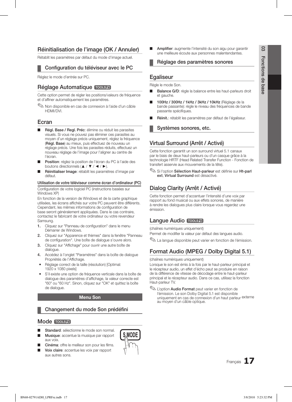 Subt. dual i-ii p.mode s.mode source, Hdmi, Ch list | Réinitialisation de l’image (ok / annuler), Réglage automatique, Ecran, Mode, Egaliseur, Virtual surround (arrêt / activé), Dialog clarity (arrêt / activé) | Samsung LE46C570J1S User Manual | Page 66 / 197