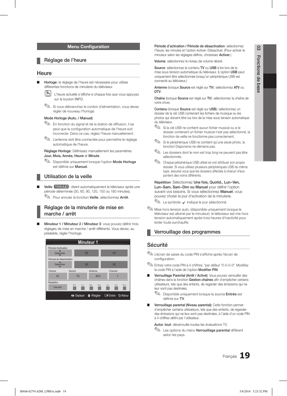 Heure, Sécurité, Réglage de l’heure | Utilisation de la veille, Réglage de la minuterie de mise en marche / arrêt, Verrouillage des programmes | Samsung LE46C570J1S User Manual | Page 68 / 197