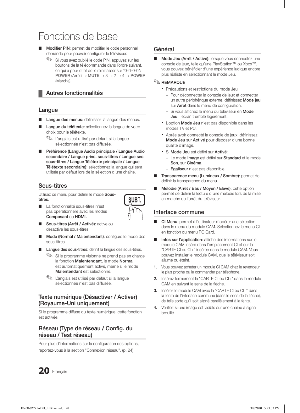 Fonctions de base | Samsung LE46C570J1S User Manual | Page 69 / 197