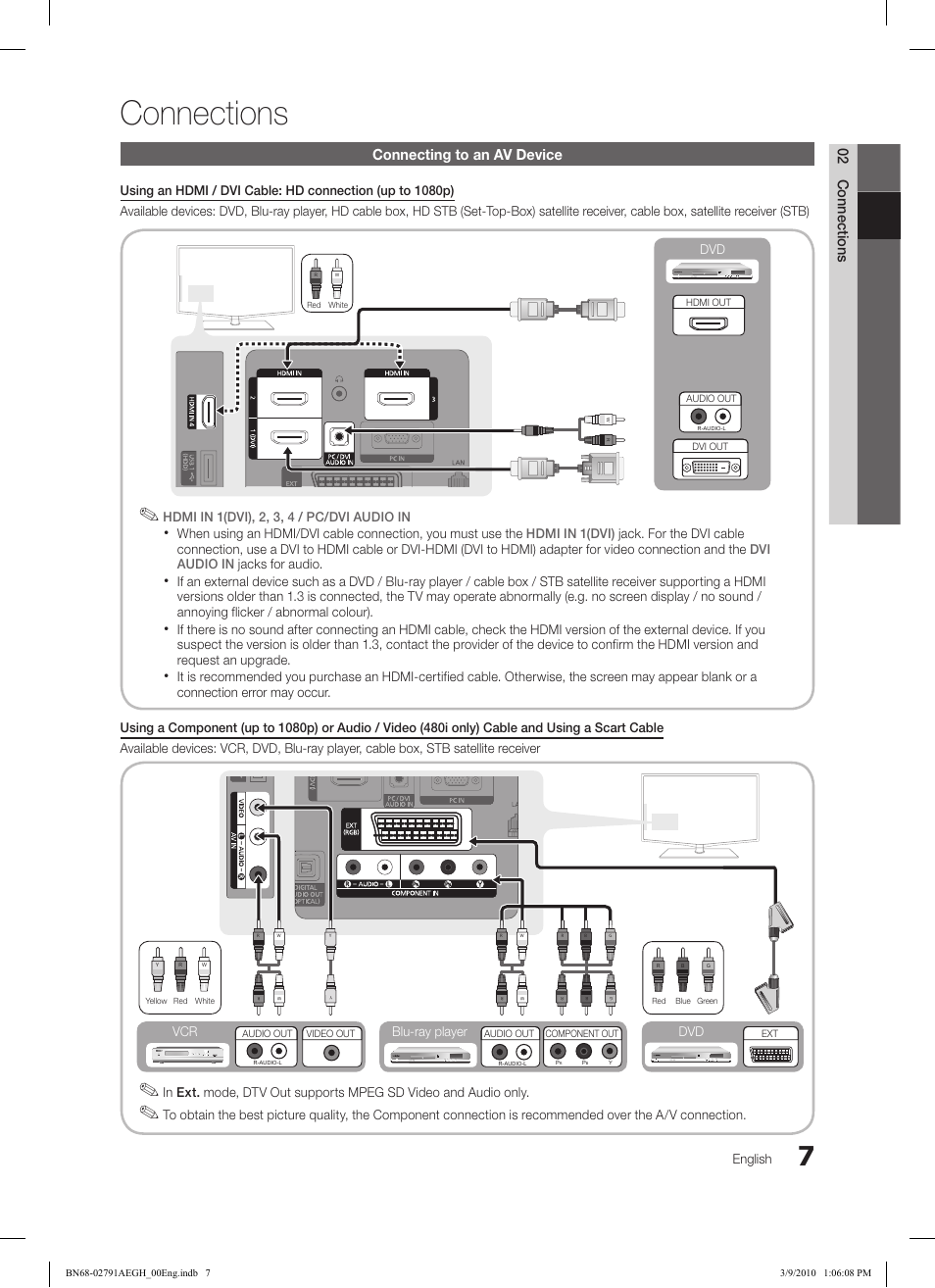 Connections, 02 connections, Connecting to an av device | English, Blu-ray player dvd vcr | Samsung LE46C570J1S User Manual | Page 7 / 197
