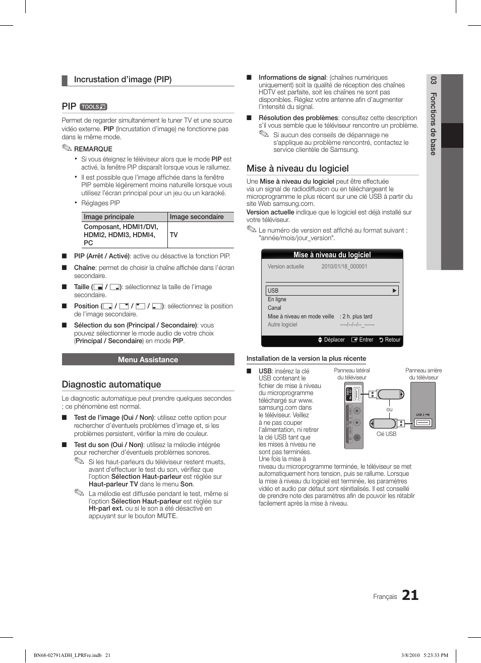 Diagnostic automatique, Mise à niveau du logiciel | Samsung LE46C570J1S User Manual | Page 70 / 197
