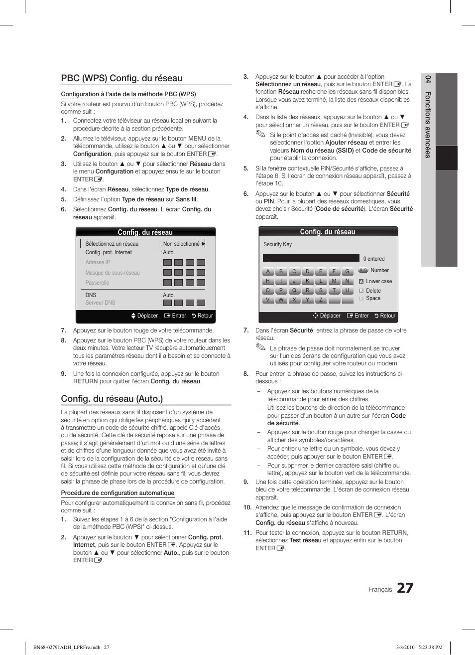 Pbc (wps) config. du réseau, Config. du réseau (auto.) | Samsung LE46C570J1S User Manual | Page 76 / 197