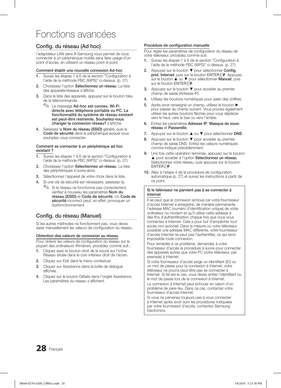 Fonctions avancées, Config. du réseau (ad hoc), Config. du réseau (manuel) | Samsung LE46C570J1S User Manual | Page 77 / 197