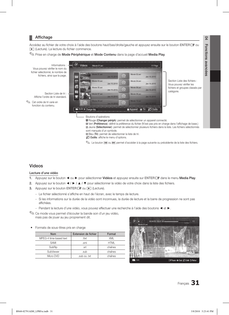 Videos, Affichage, 04 fonctions avancées | Samsung LE46C570J1S User Manual | Page 80 / 197