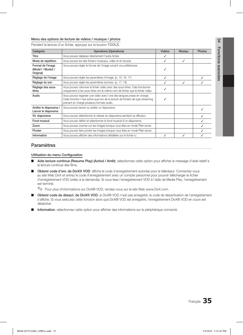 Paramètres | Samsung LE46C570J1S User Manual | Page 84 / 197