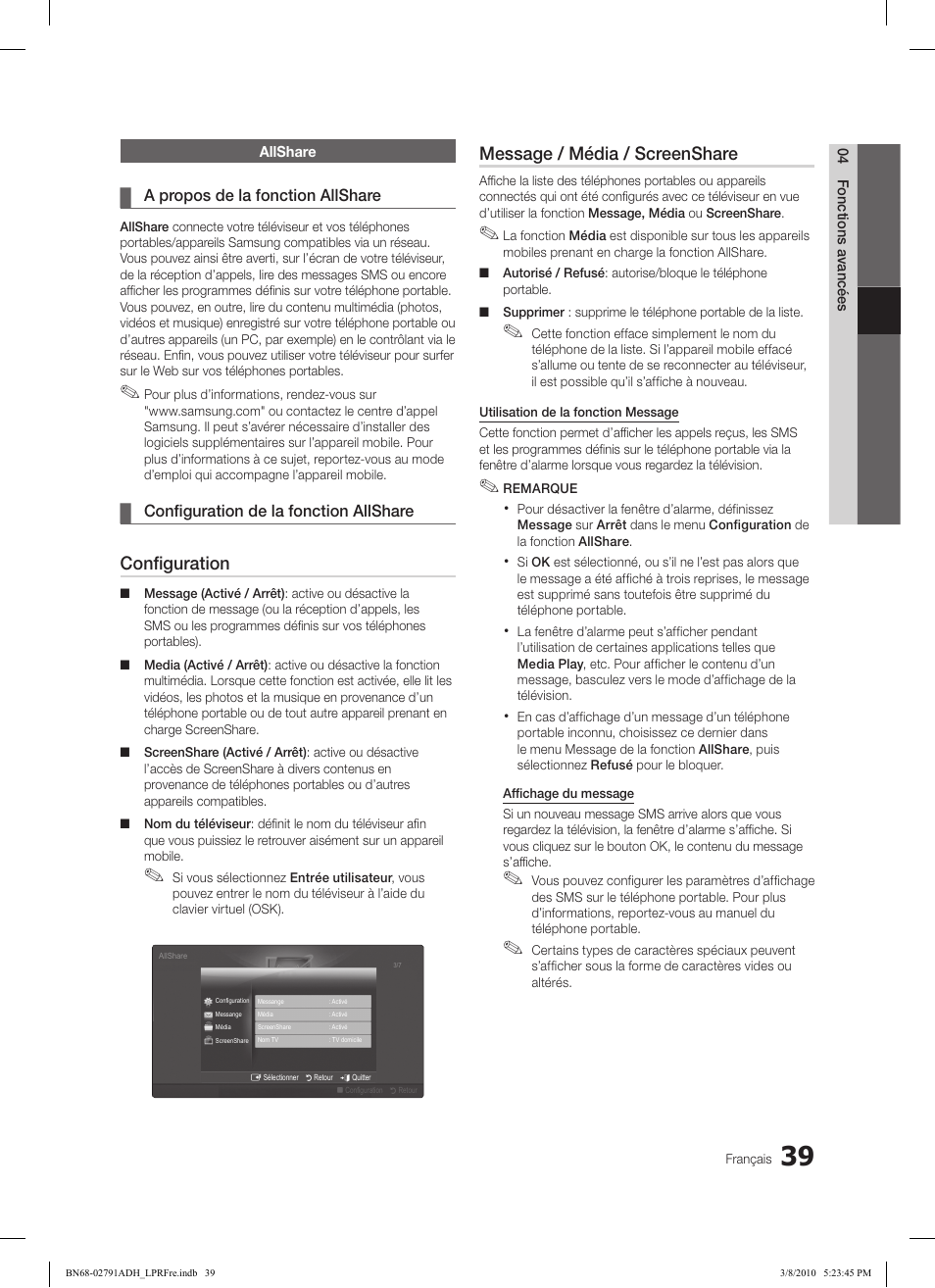 Configuration, Message / média / screenshare | Samsung LE46C570J1S User Manual | Page 88 / 197