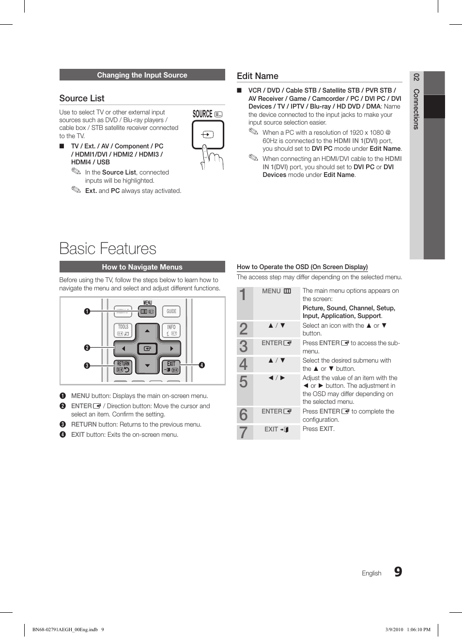 Basic features, Subt. dual i-ii p.mode s.mode source, Hdmi | Samsung LE46C570J1S User Manual | Page 9 / 197