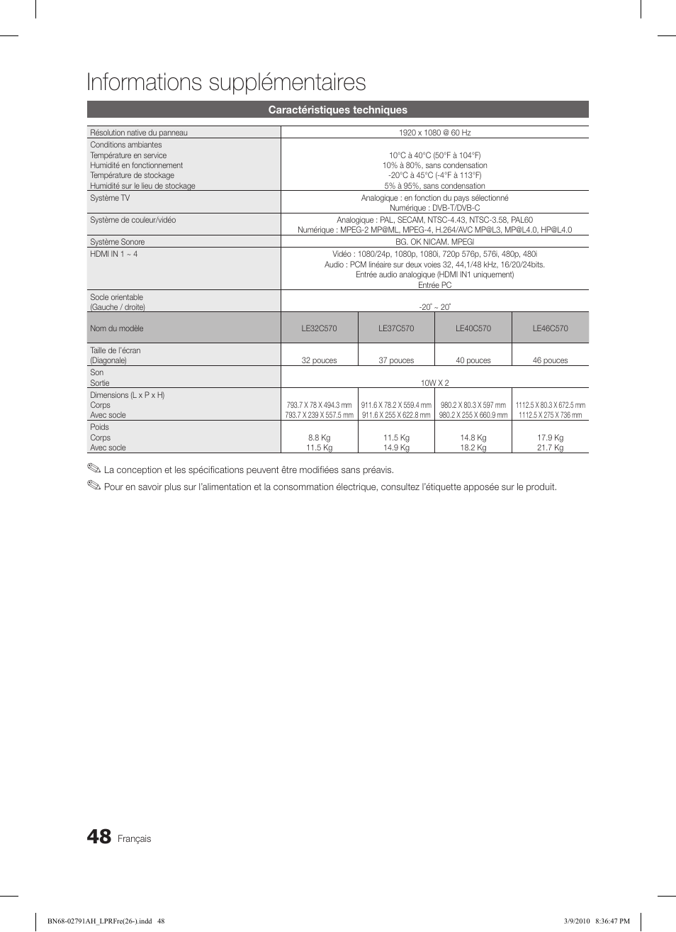 Informations supplémentaires | Samsung LE46C570J1S User Manual | Page 97 / 197