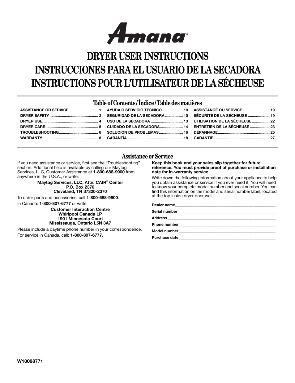 Amana W10088771 User Manual | 28 pages
