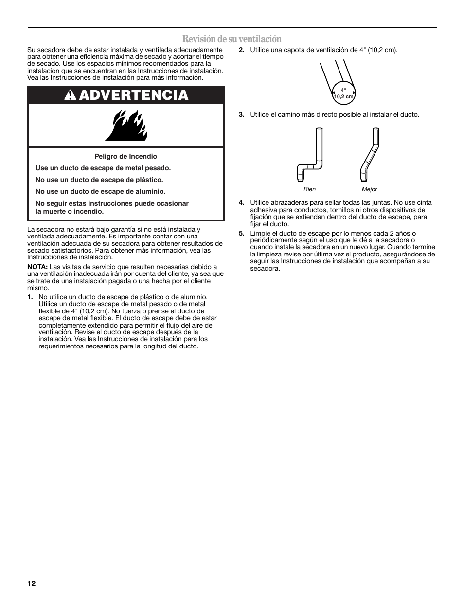 Advertencia, Revisión de su ventilación | Amana W10088771 User Manual | Page 12 / 28