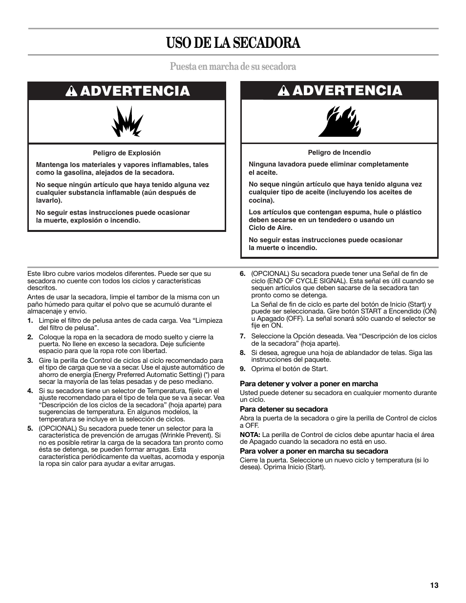 Uso de la secadora, Advertencia, Puesta en marcha de su secadora | Amana W10088771 User Manual | Page 13 / 28