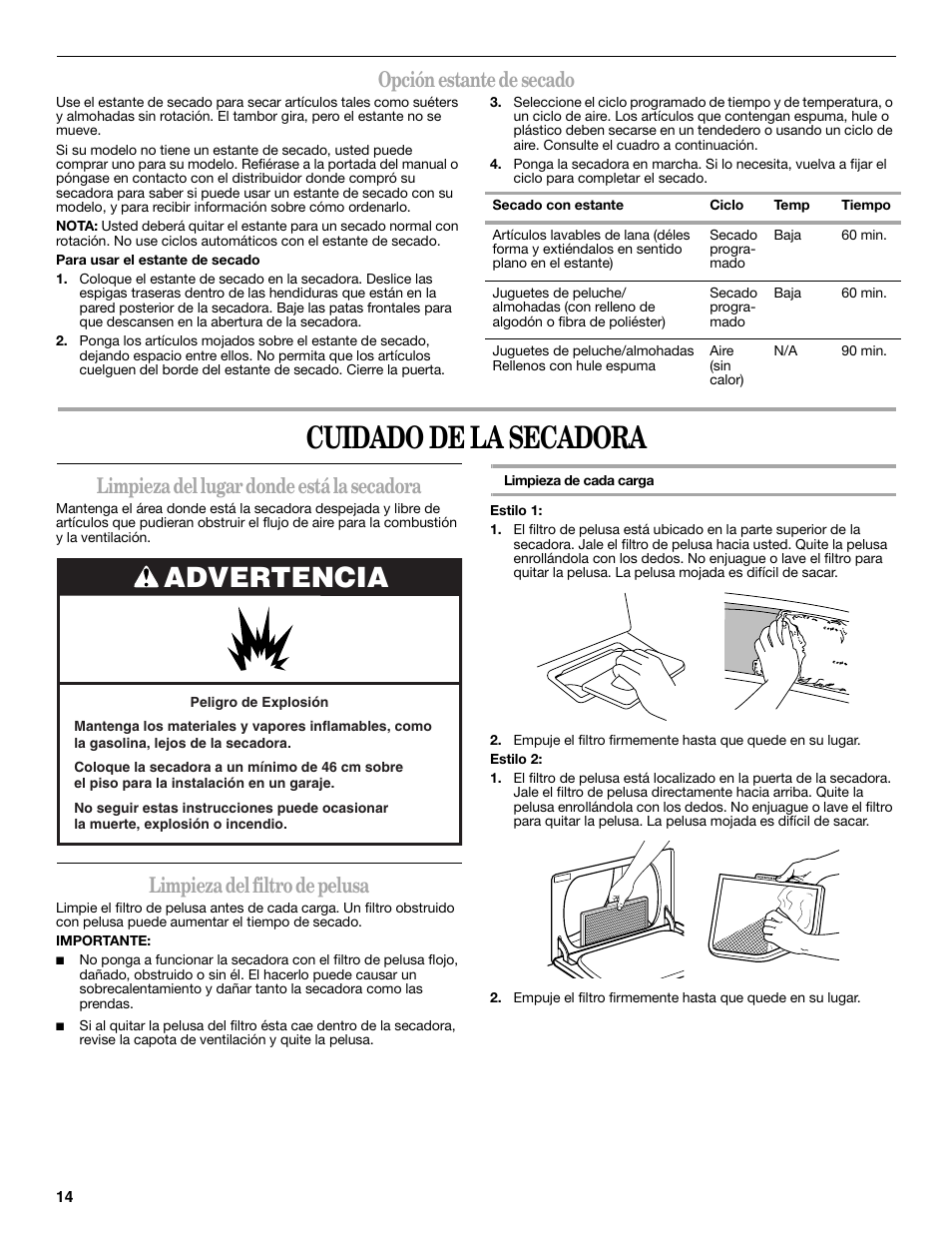 Cuidado de la secadora, Advertencia, Opción estante de secado | Limpieza del lugar donde está la secadora, Limpieza del filtro de pelusa | Amana W10088771 User Manual | Page 14 / 28