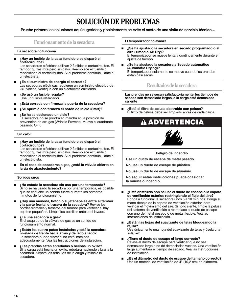Solución de problemas, Advertencia, Funcionamiento de la secadora | Resultados de la secadora | Amana W10088771 User Manual | Page 16 / 28