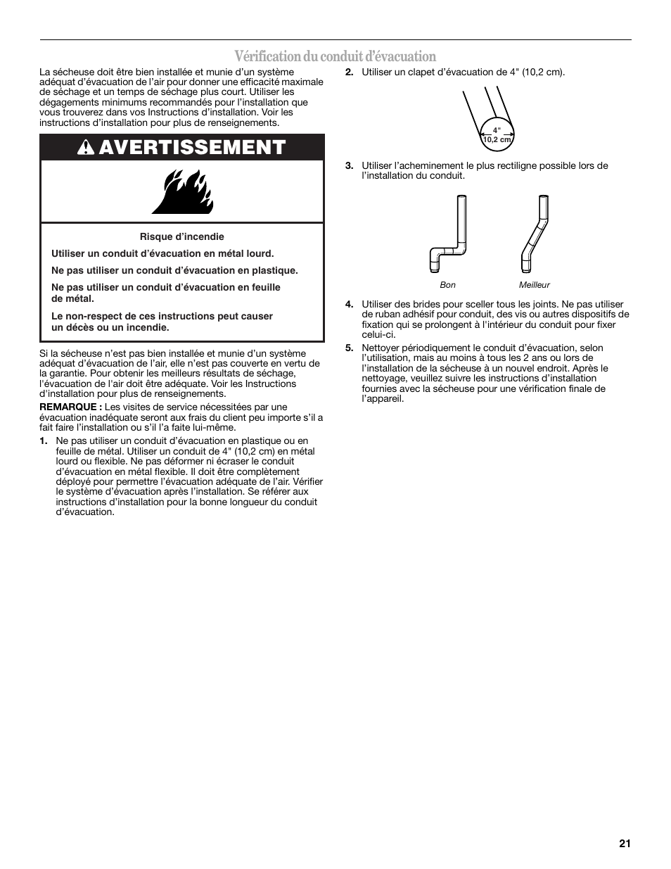 Avertissement, Vérification du conduit d’évacuation | Amana W10088771 User Manual | Page 21 / 28