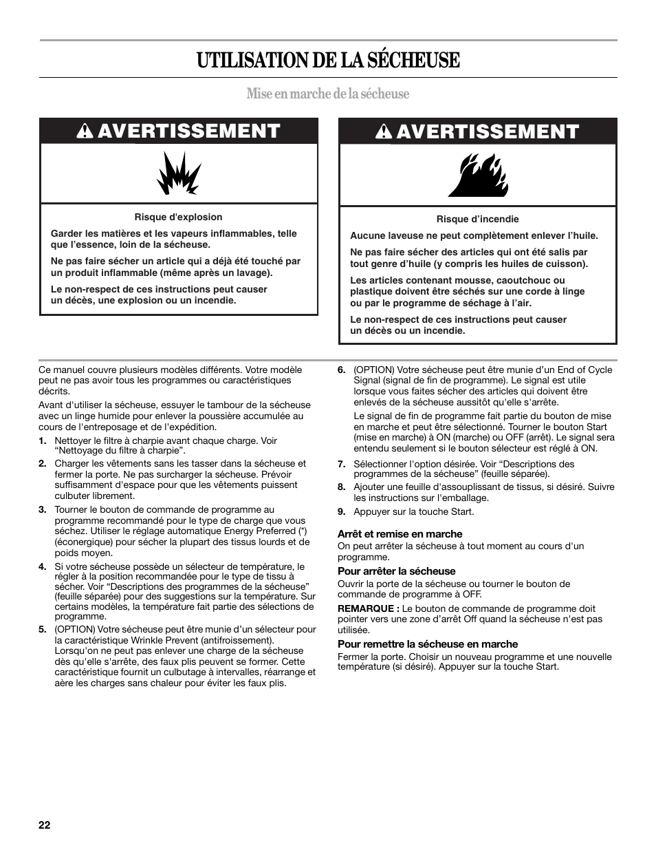 Utilisation de la sécheuse, Avertissement, Mise en marche de la sécheuse | Amana W10088771 User Manual | Page 22 / 28