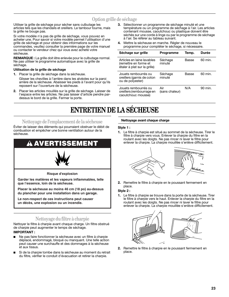 Entretien de la sécheuse, Avertissement, Option grille de séchage | Nettoyage de l’emplacement de la sécheuse, Nettoyage du filtre à charpie | Amana W10088771 User Manual | Page 23 / 28
